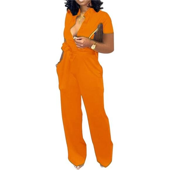 Women‘s Elegant Jumpsuit Casual Stand Collar Button Down...